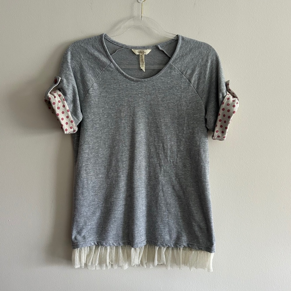 Matilda Jane Top Gray S Polka Dot Tulle Hem Raglan Short Sleeve Ruffle Trim
